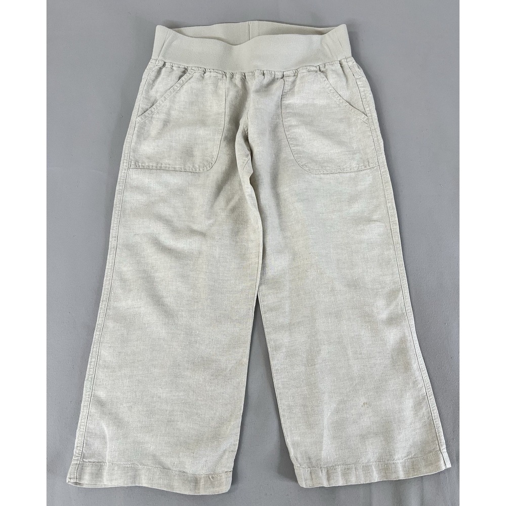 Allen Allen 100% Linen Crop Pants Small Pull On Wide Leg Beige‎